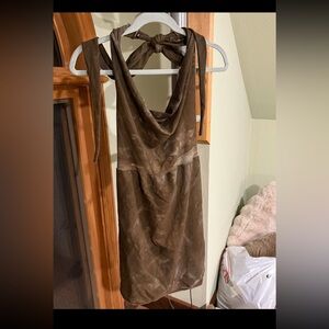 Sinew Moon brown burgundy halter bamboo mini dress M/L